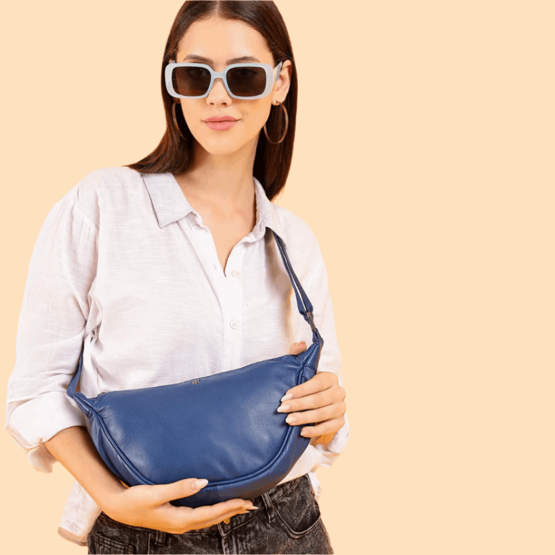 Genuine Leather Half Moon Fashion Travel Sling Bag Dark Blue